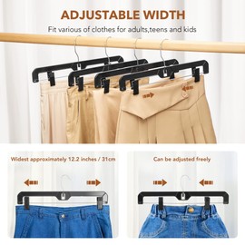 HOUSE DAY Black Pants Hangers with Clips 12 Pack, Plastic Skirt Hangers for Women, 14 Inch Clip Hanger for Pants, Skirts, Jeans, Shorts, Legging, with 360-degree Swivel Hook, 2 Adjustable Clips