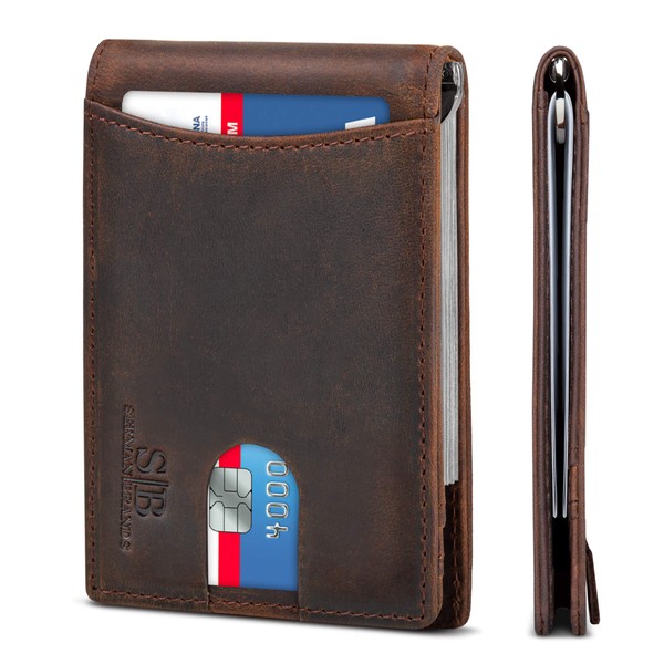 SERMAN BRANDS RFID Blocking Slim Bifold Genuine Leather Minimalist Front Pocket Wallets for Men with Money Clip Thin Mens (Texas Brown 1.0)