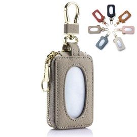 Amzbag Key Case, Women's, Genuine Leather, Car Key Case, Compatible with Smart Keys, Translucent Window, 360° Rotation Carabiner, Key Chain, Key Holder, Cover, Compact, Cute, Thin, Lightweight, Slim, Small, Multifunctional, Waterproof, Stylish, Gift (Gray)