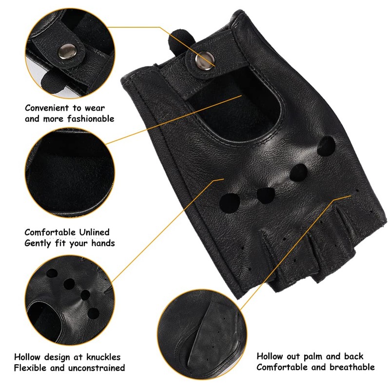 MGGMOKAY Fingerless Men's Half Finger Leather Drivers Gloves, black