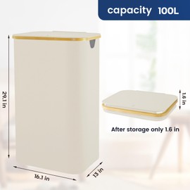 Laundry Hamper With Lid, 100L Tall Laundry Basket with Bamboo Handles Dirty Clothes Hamper with Inner Bag for Bedroom and Bathroom