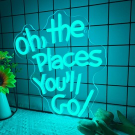 Allball Oh The Places You'll Go Neon Sign, Ice Blue Neon Light USB Powered Dimmable LED Neon Light, for Bedroom Living Room Travel Adventure Wall Decor, Inspirational Quote Wall Decor(11.8 * 11.4 In)