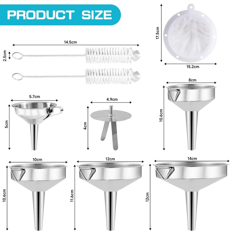 Gucass 9-Piece Stainless Steel Funnel Set, Kitchen Funnel with Handle,