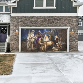 Evergreen Christmas Double Garage Door Cover Nativity Scene | Fits Standard 2 car Garage Door Size 13' x 6' | Large Home Banner Sign for Winter Indoor Outdoor Wall House Party Decor