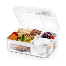KIGI 42OZ 3 Compartments Bento Box Meal Containers with 2 Removable Trays and Salad Dressing Box (56OZ-White)