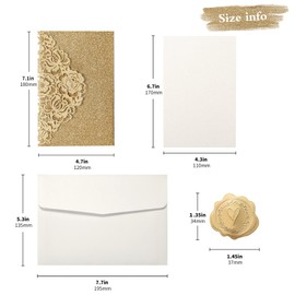 DORIS HOME 50pcs Laser Cut Quinceanera Invitations Gold Glitter, 4.7x7.1 Blank Quince Invitations for 15th Birthday, Invitation cards for Sweet 16 with Envelopes