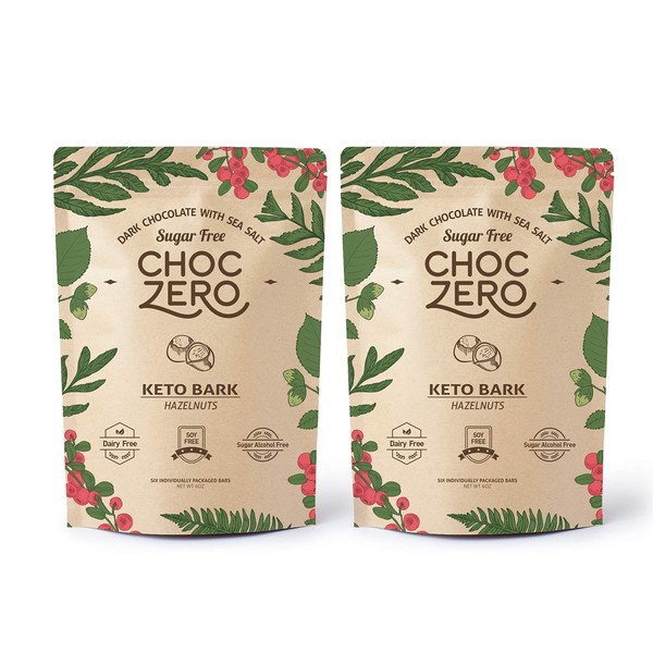 ChocZero's Keto Bark, Dark Chocolate Hazelnuts with Sea Salt. Sugar Free, Low Carb. No Sugar Alcohols, No Artificial Sweeteners, All Natural, Non-GMO (2 bags, 6 servings/each)