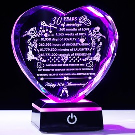 YWHL 30th Wedding Anniversary Romantic Heart Gifts for Couples Parents Laser Engraved 30th Anniversary Crystal Keepsake with Colorful LED Base 30 Years of Marriage Gifts for Wife Husband