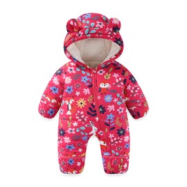 JiAmy Baby Toddler Snowsuit Winter Romper Suit, Baby Boys Girls Bear Hooded Footed Romper Snow suits Cartoon Zipper Jumpsuit Winter Outfits Clothes Rose 18-24 Months