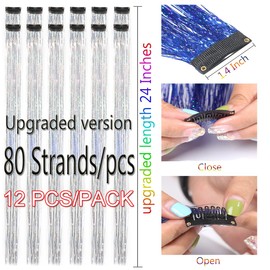 CelineBella Clip In Hair Tinsel Silver 24 Inch 80 Strands/Pcs Tinsel Hair Extensions Christmas New Year for Kid Girl(24 Inch Pack of 12Pcs, Laser Silver)