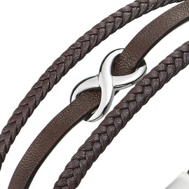 COOLSTEELANDBEYOND Love Infinity Number 8 Interwoven Three Strands Brown Braided Leather Bracelet for Men Women, Brown leather, No gemstone