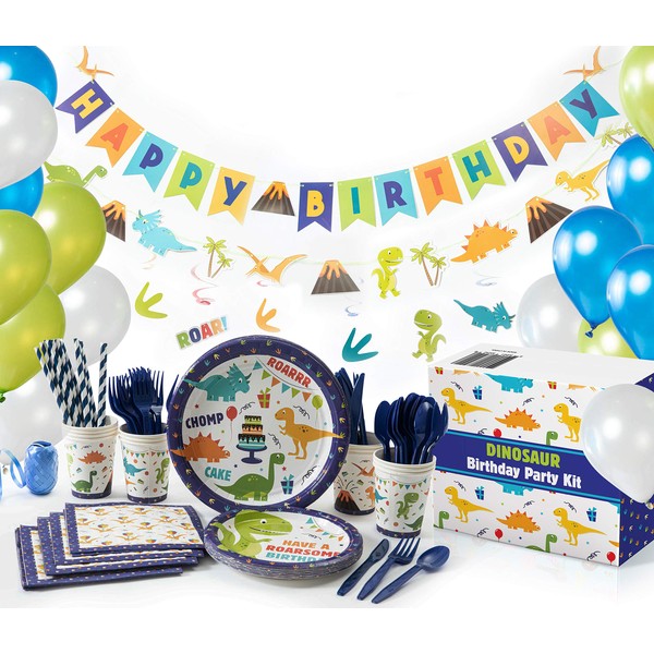 Whoobli Dinosaur Party Supplies (Serves 16), All-in-One Complete Dinosaur Birthday Party Supplies with Birthday Plates, Utensils, Cups, Napkins and Dinosaur Party Decorations for Boys
