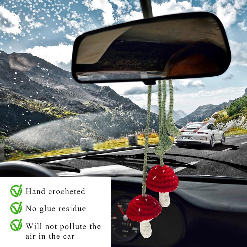2 PCS Crochet Mushroom Car Charm, Handmade Crocheted Simulated Mushroom