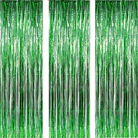 CareCheer 3 Pack 3.2ft x 6.6ft Green Metallic Foil Fringe Backdrop Tinsel Sparkle Door Window Curtain Backdrop for Birthday Bachelorette Wedding Christmas New Year Party
