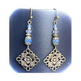 Etched Bronze and Light Denim Blue Czech Bead Earrings. Jewelry Earrings for Women #3298FE3387