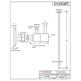 Westbrass D105QRT-07 5/8" x 3/8" OD x 20" Flat Head Toilet Supply Line Riser Kit with Round Handle 1/4-Turn Angle Stop, Satin Nickel