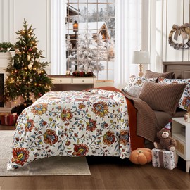 Wonderful Burnt Orange Iris Floral Comforter Set King Size, Linen-Like Comforter Bedding Sets with Pillow Shams, Floral Bedspread Lightweight Comforter, Thin Comforter Bed Cover for All Season