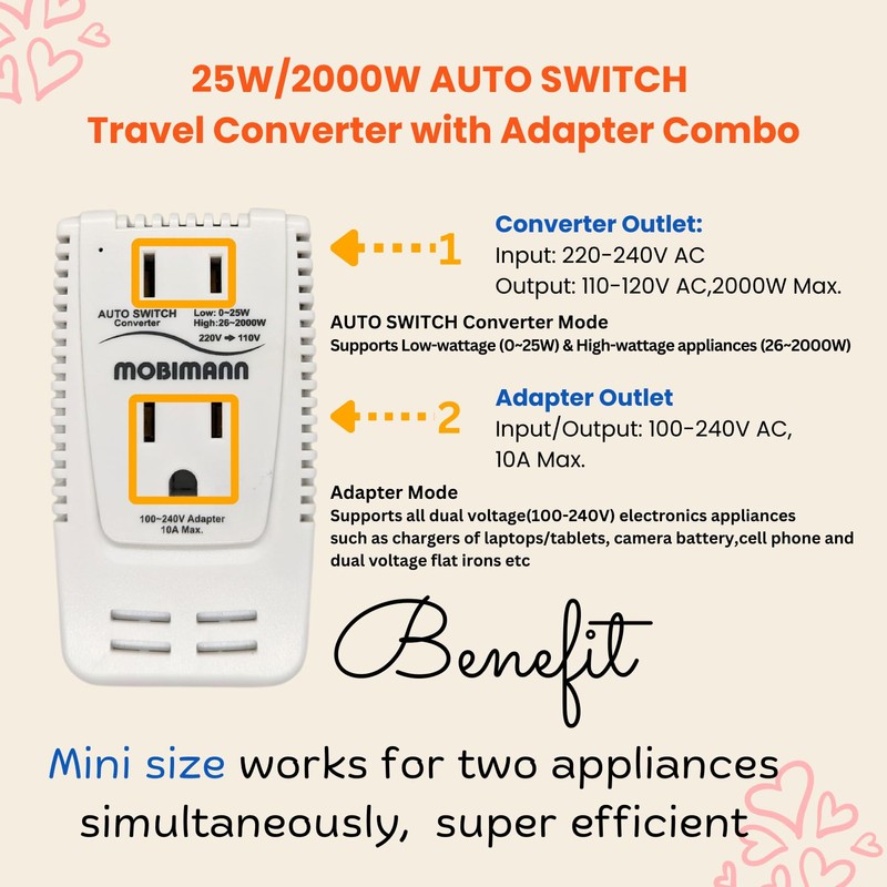 MOBIMANN 220V to 110V Converter, 2000W Step Down Voltage Converter,