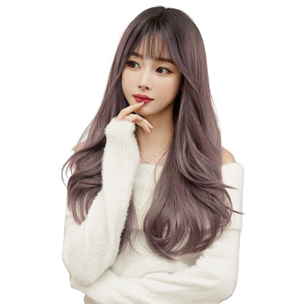 Wig, Long, Medium, Wig, Frayed Curl Wig, Crossdressed, Full Wig, Airy Bangs, Light, Refreshing, Fluffy, Natural, Heat Resistant, Popular, Small Face Effect, Net Included (Pink x Brown - Dyed Brown Roots)