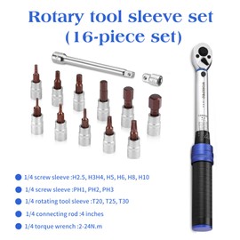 Yunova 3/8" Torque Wrench Set 2-24Nm, 16pcs Adjustable Bike Torque Wrench Kit with Hex Bits, Cr-V Steel, Dual Scale Nm/lb-ft, for Bicycle Repair, Car, Motorbike, DIY Maintenance