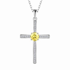 Aprila Women Necklace 925 Sterling Silver Cross Pendant Necklace with Cubic Zirconia November Birthstone Citrine Color Jewelry