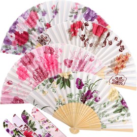 Zonon 4 Pack Handheld Floral Folding Fans Hand Held Silk Bamboo Fans with Tassel Women Hollowed Hand Foldable Fan with Fabric Sleeve for Dancing Wedding Decoration Gifts(Spring Flowers)