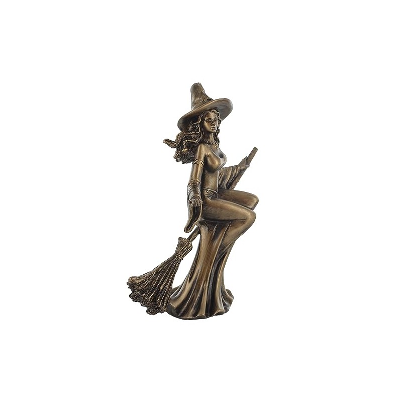 Bronze Colour Witch Riding Broom Gift Ornament Figurine