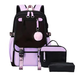 School Backpack for Girls Color-block School Bag with Lunch Box Pencil Case Set 3PCS Girls Backpack for School Kids Bookbag with USB Charging Port