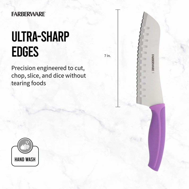 Farberware Precise Slice Serrated Santoku Knife, 7 Inch, Purple