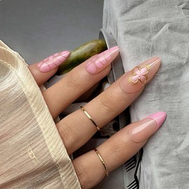 GCSQW Press On Nails Almond - Pink French Tip False Nails with Flower Tortoise Shell Design, Natural Glossy Fake Nail with Jelly Glue, 24 Pcs Spring Summer Nails for Coquette Women Girls