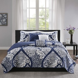 Madison Park Reversible Cotton Quilt-Luxury Stitching Design All Season, Breathable Coverlet Bedspread Bedding, Shams, Decorative Pillow, King/Cal King(104"x94"), Vienna, Damask Indigo 6 Piece
