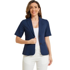 Allegra K Blazer for Women's Short Sleeve Button Front Cotton Linen Lapel Collar Work Office Casual Blazer Coat Dark Blue L
