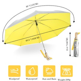 Natuquebrela Duck Auto UV Umbrella - 46 inch Yellow Travel Duck Handle Compact Folding Cute Animal Sun Umbrella UV Protection for Adults