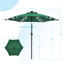 Bonosuki 7.5ft Outdoor Solar Patio Umbrella 2-Year-Non-Fading Steel umbrella outdoor patio with Push Button Tilt and Crank,Dark Green