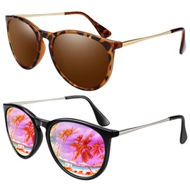 LINVO Women's Polarised Sunglasses Retro Round Vintage Designer Style UV400 Protection, (Pack of 2) Leopard | Brown + Shiny Black | Pink-Purple