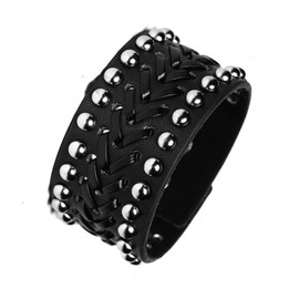 JJDreams Leather Bracelet Men's Wide Punk Bangle Black Gothic Bracelet Women's Press Stud Emo Jewellery, 22 cm, Leather