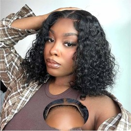 Klebefreie Perücke Echthaar 5x5 Lace Deep Wave Bob Wig Echthaar Plucked Pre Cut Perücke Frauen Brasilianische Locken Glueless Wig Natürliche Farbe 180% Dichte 10 Zoll