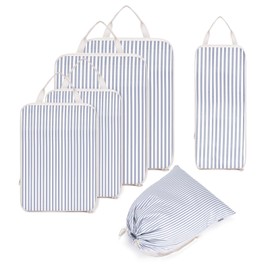 Narwey 6 Set Compression Packing Cubes for Suitcases and Backpack, Travel Suitcase Organiser Packing Storage Bags Shoes Bags for Carry on Hand Luggage Travel Essentials Bag (Greyish Blue Stripe)