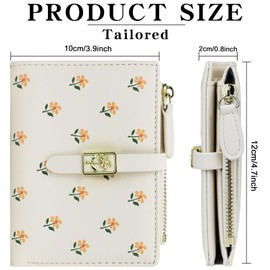 Farcauo Cute White Small Wallets Coin Purse Minimalist Flower Design Women's Travel Wallets Leather Credit Card Holder with ID Window Kawaii Cash Wallet for Women Ladies