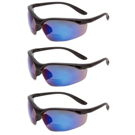 Calabria 91348 3 Pack Bulk Bifocal Reading Safety Glasses +1.50 Blue Mirror Men Women Wraparound Eye Protection Shatterproof