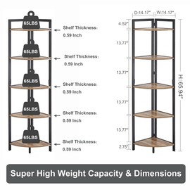 FATORRI Tall Corner Shelf, Industrial Corner Bookshelf, Wood and Metal Corner Shelf Stand for Living Room, Rustic Display Plant Stand for Home Office (Rustic Oak)