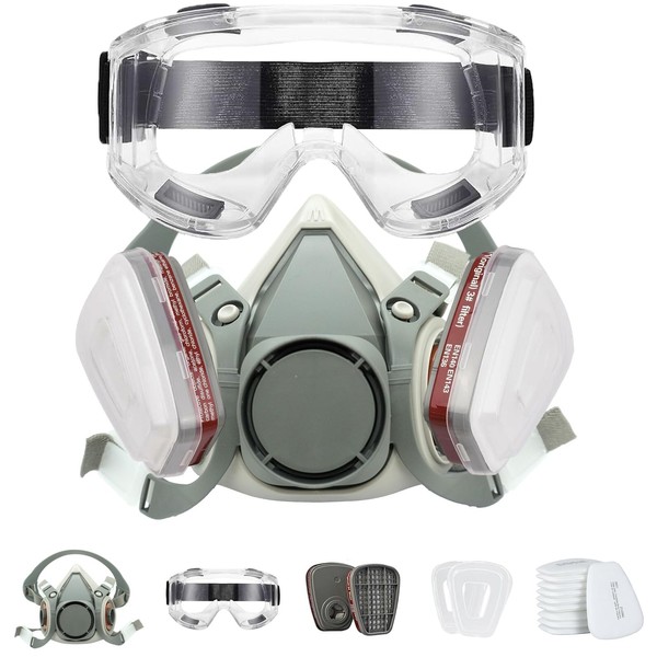 Half Face Mask with Goggles，Reusable Respirator Mask with Filters 6001,