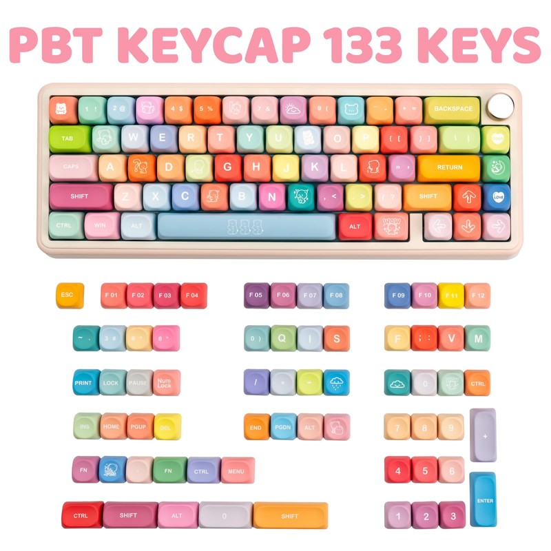 COOMICKEY Cute PBT Keycaps 133 Keys Candy Bear Custom Keycaps