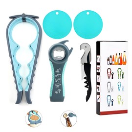 5-Piece Can Opener Bottle Opener, 5-in-1 Can Opener 4-in-1 Multifunctional Kitchen Tool Set with Rubber Pad for Weak Hands, Children, Seniors, Seniors, Arthritis Sufferers (Grey Blue)