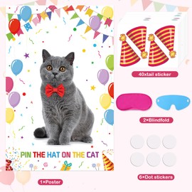 Atiloy 48Pcs Pin The Hat on The Cat with 40 Cat Birthday Hat Stickers The Cat Party Games for Girls Cat Themed Birthday Party Decorations Supplies