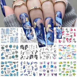 Marble Nail Art Stickers Water Transfer Nail Decals 12 Sheets Colorful Marble Nail Stickers Wave Line Painting Geometry Abstract Design Nail Accessories for Women Girls Manicure Decorations