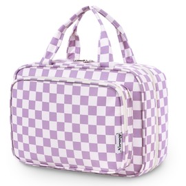 Narwey Large Checkered Hanging Travel Toiletry Bag for Women Wash Bag Cosmetics Makeup Bag Organizer for Full Size Accessories (Checkerboard Purple (Large))