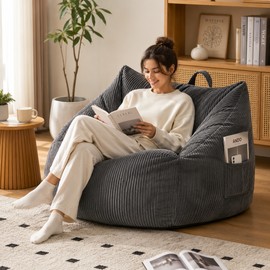 Dark Grey Bean Bag Chair with Handle, Floor Sofa for Adults, Living Room Bean Bag Accent Sofa Chair with Pocket