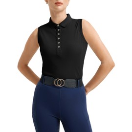 FitsT4 Sports Womens Equestrian Tank Top UPF50+ Sleeveless Horse Riding Shirts Polo Collar Button Up for Workout Golf Tennis Black XL