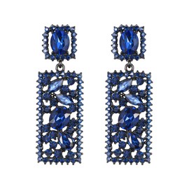 Flyonce Statement Drop Earrings Navy Blue Rhinestone Crystal Rectangle Geometric Dangle Chandelier Costume Jewelry